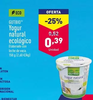 Oferta de Gutbio - Yogur Natural Ecológico  por 0,39€ en ALDI