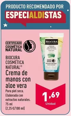 Oferta de Biocura Cosmética Natural - Crema De Manos Con Aloe por 1,69€ en ALDI