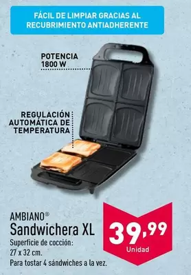 Oferta de Ambiano - Sandwichera XL por 39,99€ en ALDI