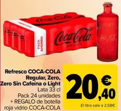 Oferta de Coca-Cola - Refresco Regular Zero  Zero Sin Cafeã­Na  O Light por 20,4€ en Carrefour