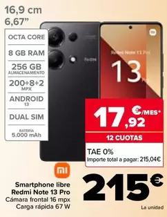 Oferta de Xiaomi - Smartphone Libre Redmi Note 13 Pro por 215€ en Carrefour