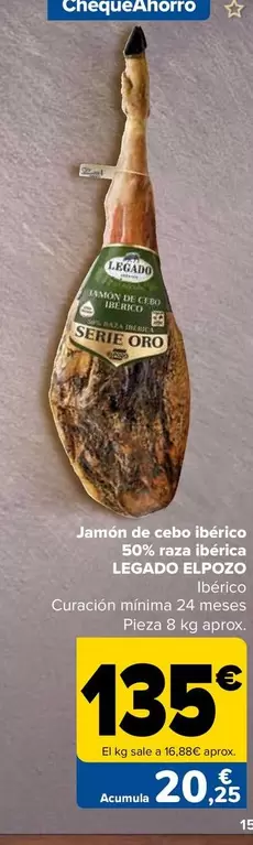 Oferta de Legado ElPozo - Jamon De Cebo Iberico 50% Raza Iberica por 135€ en Carrefour