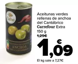 Oferta de Carrefour - Aceitunas Verdes Rellenas De Anchoa Del Cantabrico Extra por 1,09€ en Carrefour