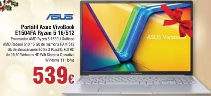 Oferta de Asus - Portatil Vivobook E1504fa Ryzen 5 16/512 por 539€ en Froiz