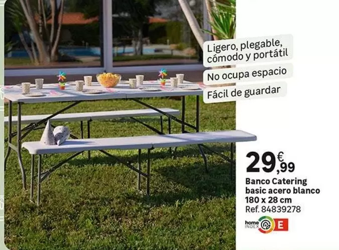 Oferta de Basic - Banco Catering Basic Acero Blanco 180 X 28 Cm por 29,99€ en Leroy Merlin