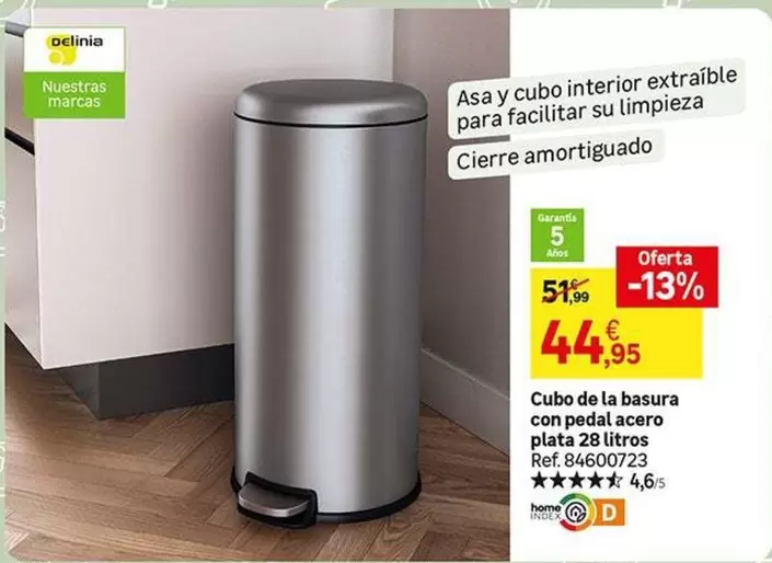 Oferta de Home - Cubo De La Basura Con Pedal Cacero Plata 28 Litros por 44,95€ en Leroy Merlin