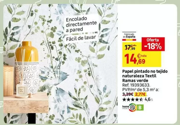 Oferta de Home - Papel Pintado No Tejido Naturaleza Textil Ramas Verde por 14,69€ en Leroy Merlin