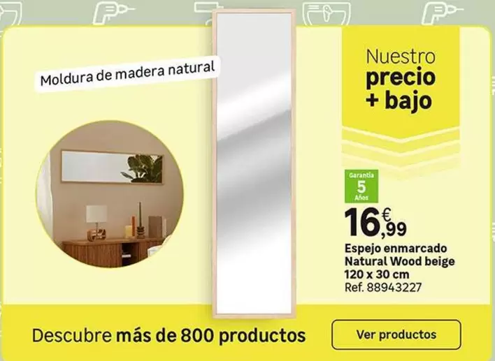 Oferta de Natural wood - Espejo Enmarcado Natural Wood Beige 120 X 30 Cm por 16,99€ en Leroy Merlin