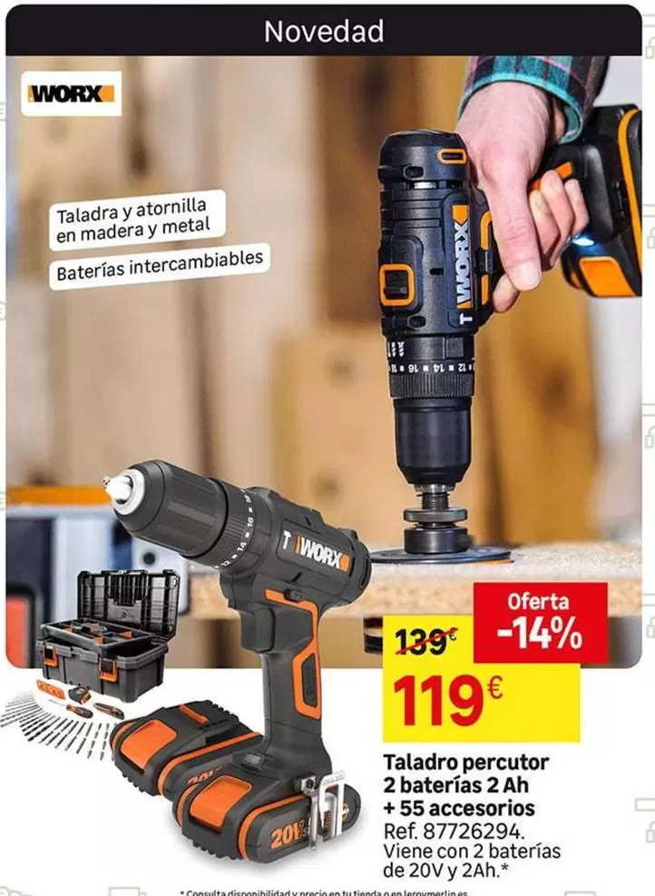 Oferta de Worx - Taladro Percutor 2 Baterias 2 Ah +5 Sqc28q70s por 119€ en Leroy Merlin