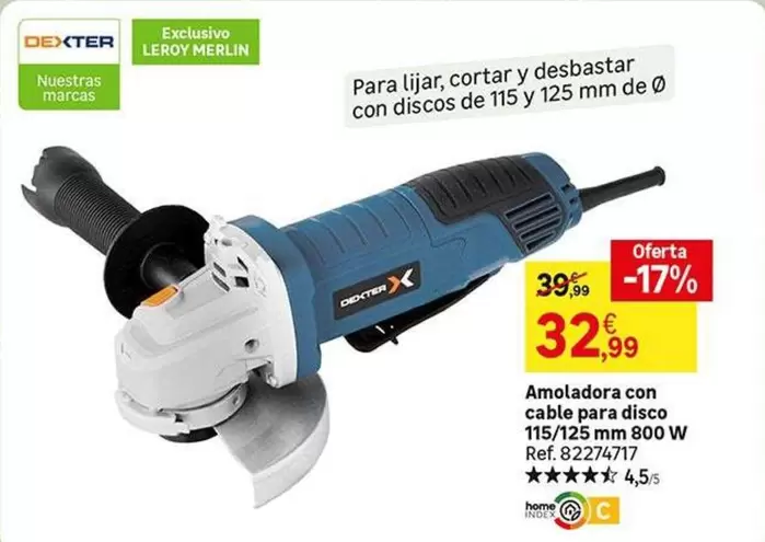 Oferta de Dexter - Amoladora Con Cabe Para Disco 115/125 Mm 800 W por 32,99€ en Leroy Merlin