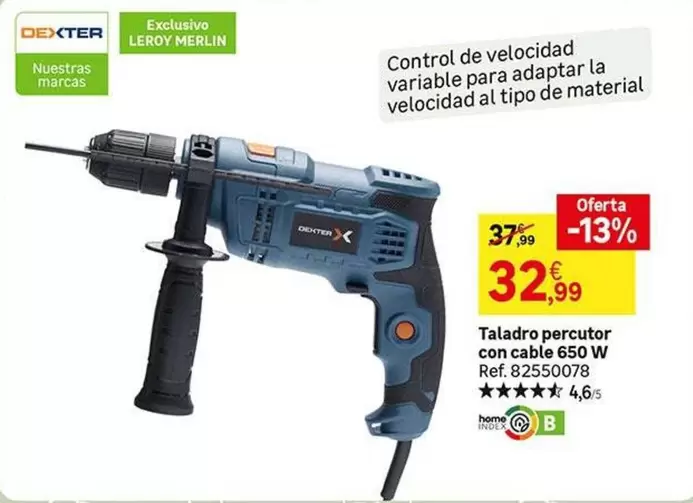 Oferta de Dexter - Taladro Percutor Con Cable 650 W por 32,99€ en Leroy Merlin