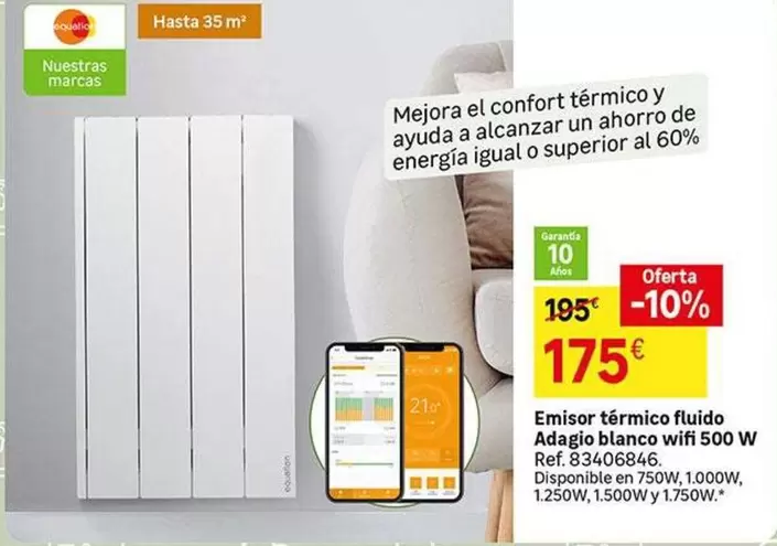 Oferta de Equation - Emisor Térmico Fluido Adapto Blanco Wifi 500 W por 175€ en Leroy Merlin