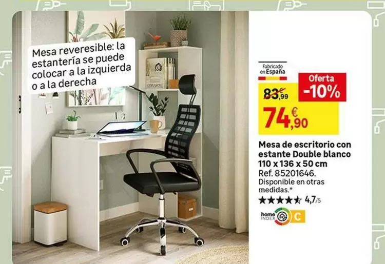 Oferta de Blanco - Mesa De Escritorio Con Estante Dobble  110 X 138 X 50 Cm por 74,99€ en Leroy Merlin