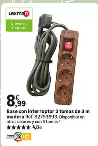 Oferta de Lexman - Base Con Interruptor 3 Tomas De 3 M Madera por 8,99€ en Leroy Merlin