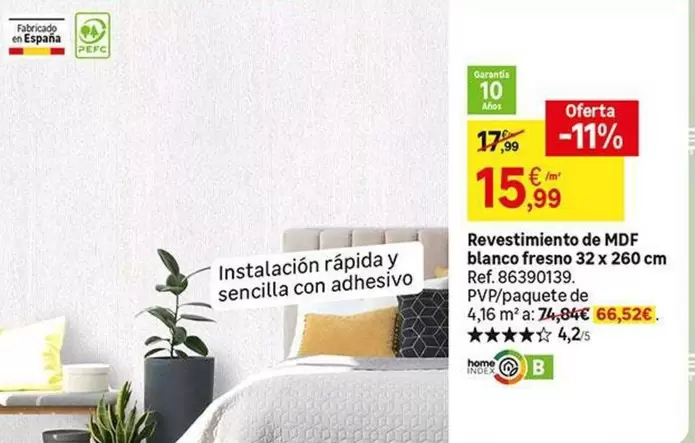 Oferta de Revestimiento De Mdf Blanco Fresno 32 X 260 Cm por 15,99€ en Leroy Merlin