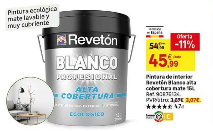 Oferta de Revetón - Pintura De Interior Reveton Blanco Alta Cobertura Mate por 45,99€ en Leroy Merlin