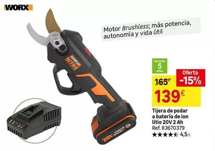 Oferta de Worx - Tijera De Podar A Bateria De Lon Litio 20uv An por 139€ en Leroy Merlin