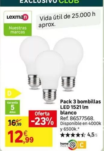 Oferta de Lexman - Pack 3 Bombillas LED 1521m Blanco por 12,99€ en Leroy Merlin