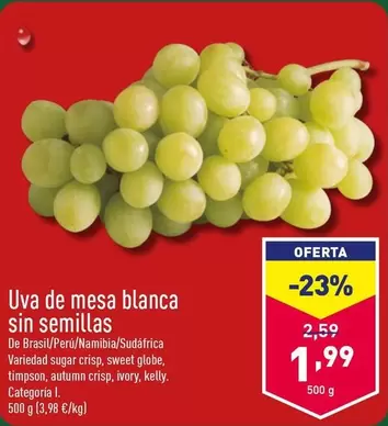 Oferta de Uva De Mesa Blanca Sin Semillas por 1,99€ en ALDI