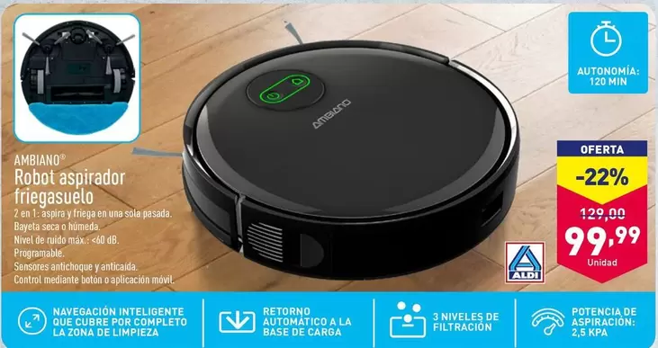 Oferta de Ambiano - Robot Aspirador Fregasuelo por 99,99€ en ALDI