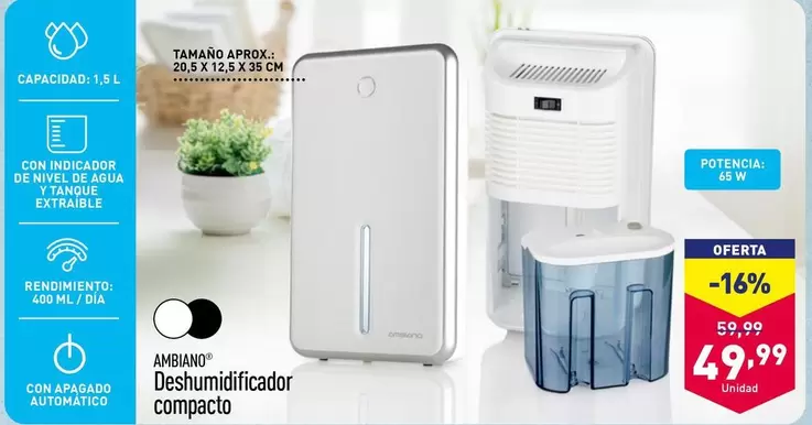 Oferta de Ambiano - Deshumidificador Compacto por 49,99€ en ALDI