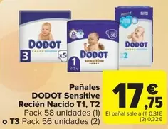 Oferta de Dodot - Panales Sensitive Recien Nacido T2 por 17,75€ en Carrefour Market