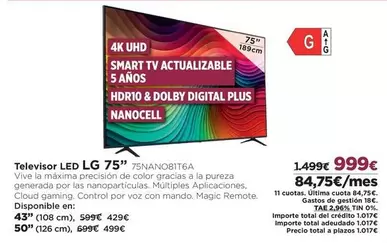 Oferta de LG - Televisor Led 75 75nano8116a por 999€ en El Corte Inglés