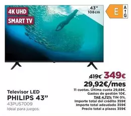 Oferta de Philips - Televisor Led 43" 43pus7009 por 349€ en El Corte Inglés