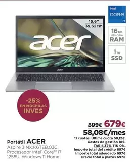 Oferta de Acer - Portátil por 679€ en El Corte Inglés