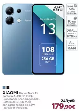 Oferta de Xiaomi - Redmi Note 13 Pantala Amoled Fhd+ por 179,9€ en El Corte Inglés