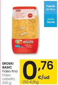 Oferta de Eroski Basic - Fideo Cabellin por 0,76€ en Eroski