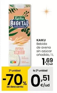 Oferta de Kaiku - Bebida De Avena Sin Azucar Anadido por 1,69€ en Eroski