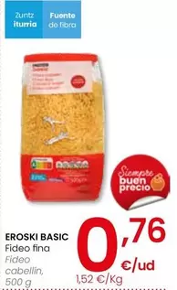 Oferta de Eroski Basic - Fideo Cabellin por 0,76€ en Eroski