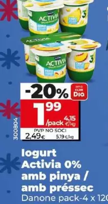 Oferta de Danone - Yogur Activia 0% Con Piña/Con Melocoton por 1,99€ en Dia