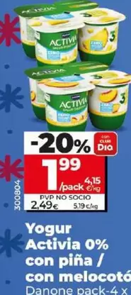 Oferta de Danone - Yogur Activia 0% Con Piña/Con Melocoton por 1,99€ en Dia