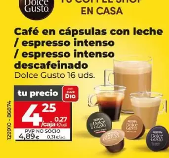 Oferta de Dolce Gusto - Cafe En Capsulas Con Leche/Espresso Intenso/Espresso Intenso Descafeinado por 4,25€ en Dia