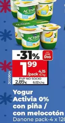 Oferta de Danone - Yogur Activia 0% Con Piña/Con Melocoton por 1,99€ en Dia