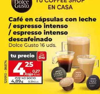 Oferta de Dolce Gusto - Cafe En Capsulas Con Leche/Espresso Intenso / Espresso Intenso Descafeinado por 4,25€ en Dia