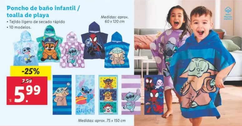 Oferta de Poncho De Bano Infantil / Toalla De Playa por 5,99€ en Lidl