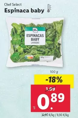 Oferta de Chef Select - Espinaca Baby por 0,89€ en Lidl