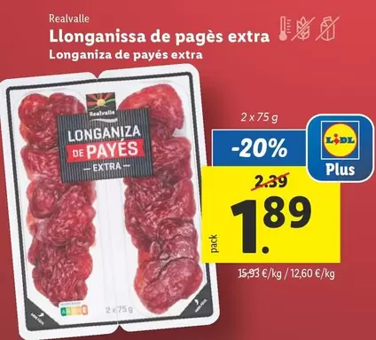 Oferta de Realvalle - Longaniza De Payés Extra por 1,89€ en Lidl