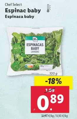 Oferta de Chef Select - Espinaca Baby  por 0,89€ en Lidl