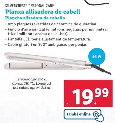 Oferta de SilverCrest Personal Care - Plancha Alisadora De Cabello por 19,99€ en Lidl