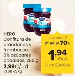 Oferta de Hero - Confitura De Arandanos Y Frambuesa 0% Azucares Anadidos por 2,99€ en Autoservicios Familia