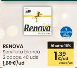 Oferta de Renova - Servilleta Blanca 2 Capas por 1,39€ en Eroski