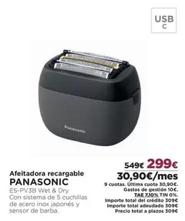 Oferta de Panasonic - Afeitadora Recargable por 299€ en El Corte Inglés