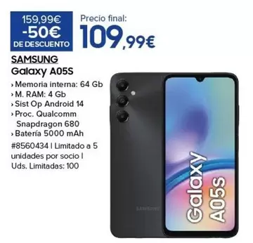 Oferta de Samsung - Galaxy A05s por 109,99€ en Costco