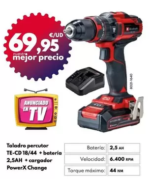 Oferta de Einhell - Taladro Percutor TE-CD 18/44 + Bateria 2,5Ah + Cargador PowerX Change por 69,95€ en BricoCentro