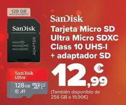 Oferta de Sandisk - Tarjeta Micro Sd Ultra Micro Sdxc Class 10 Uhs-i + Adaptador Sd por 12,99€ en Carrefour