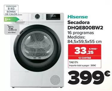 Oferta de Hisense - Secadora DHQE800BW2 por 399€ en Carrefour